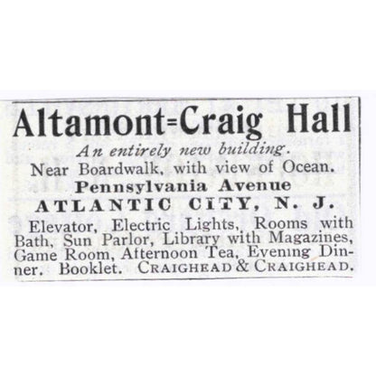 Altamont-Craig Hall Atlantic City NJ Craighead & Craighead - 1903 Ad TJ7-S9