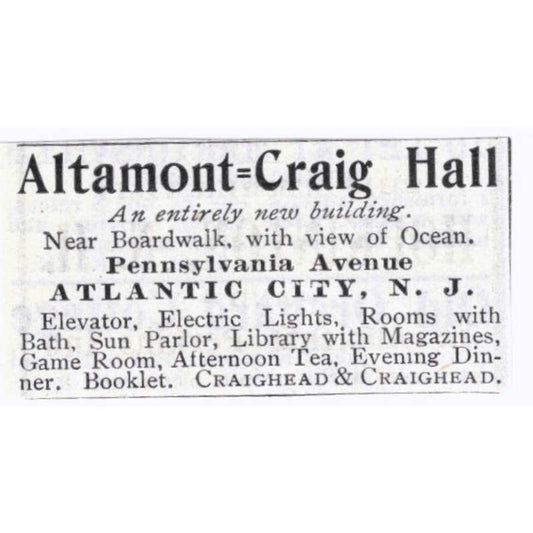 Altamont-Craig Hall Atlantic City NJ Craighead & Craighead - 1903 Ad TJ7-S9