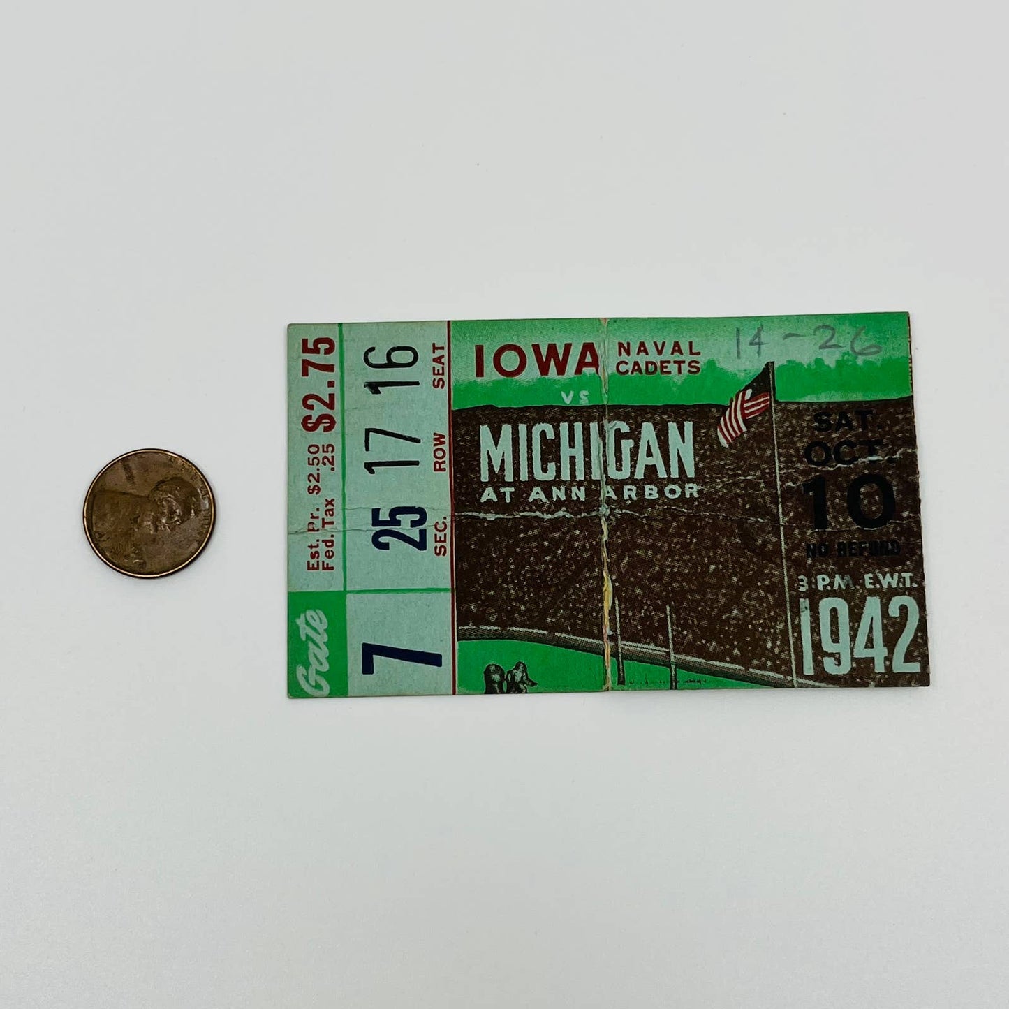 1942 Iowa Naval Cadets vs Michigan College Football Ticket Stub AA2