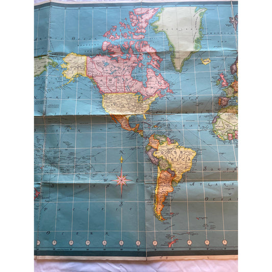 Vintage 1950's HAMMOND'S INTERNATIONAL MAP OF THE WORLD 33" x 50" FL3