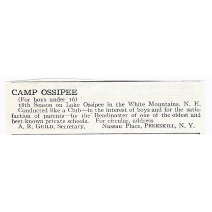 Camp Ossipee For Boys White Mountains NH A.R. Guild - 1921 Original Ad TJ7-S6