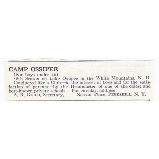 Camp Ossipee For Boys White Mountains NH A.R. Guild - 1921 Original Ad TJ7-S6