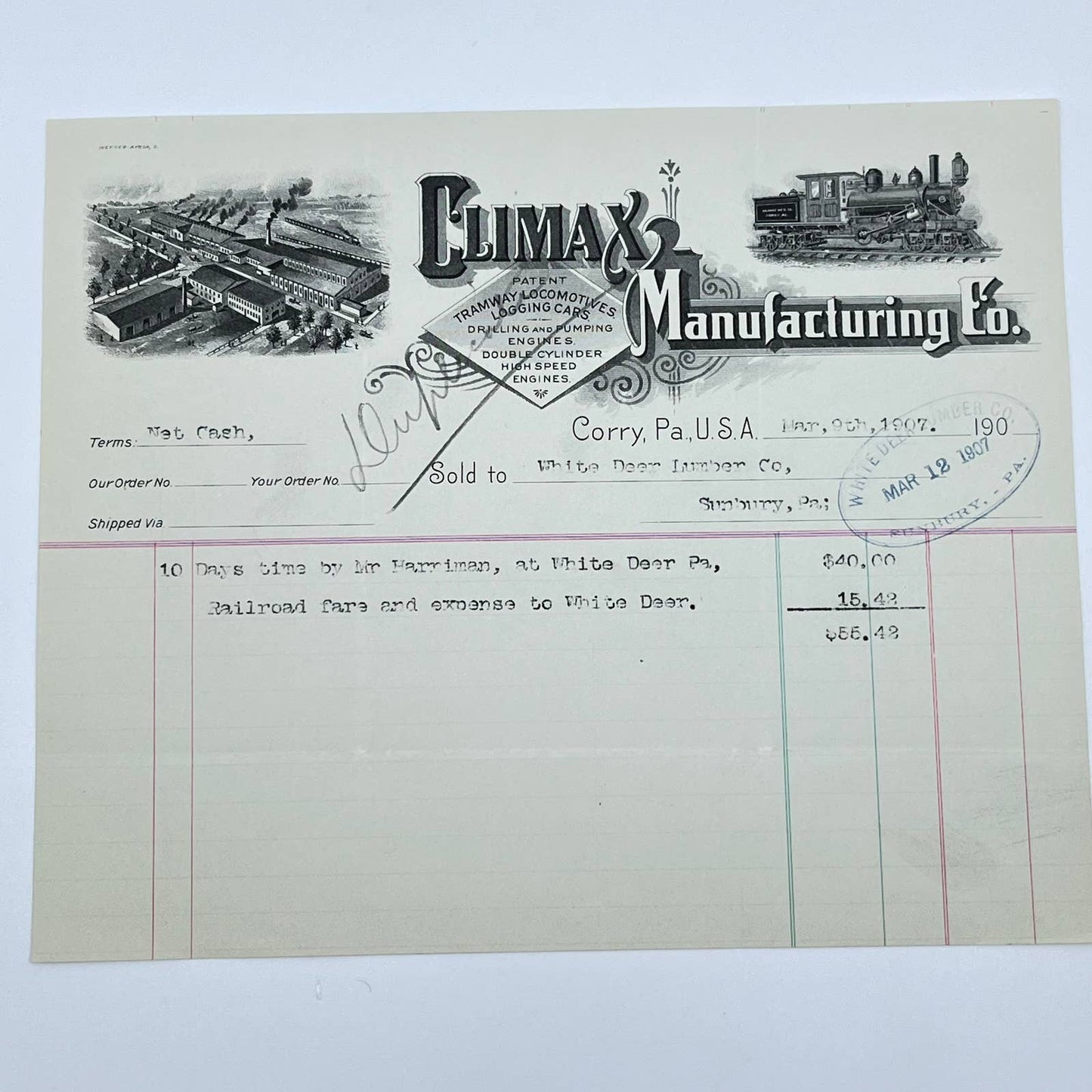 1907 Climax Manufacturing Co. Trainway Locomotive Letterhead Corry PA AB2