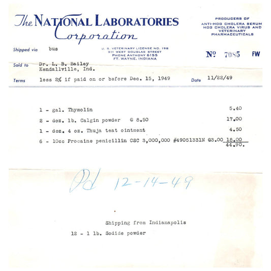 1949 The National Laboratories Corp Bill to Dr L.B. Bailey Kendallville IN AD8-1