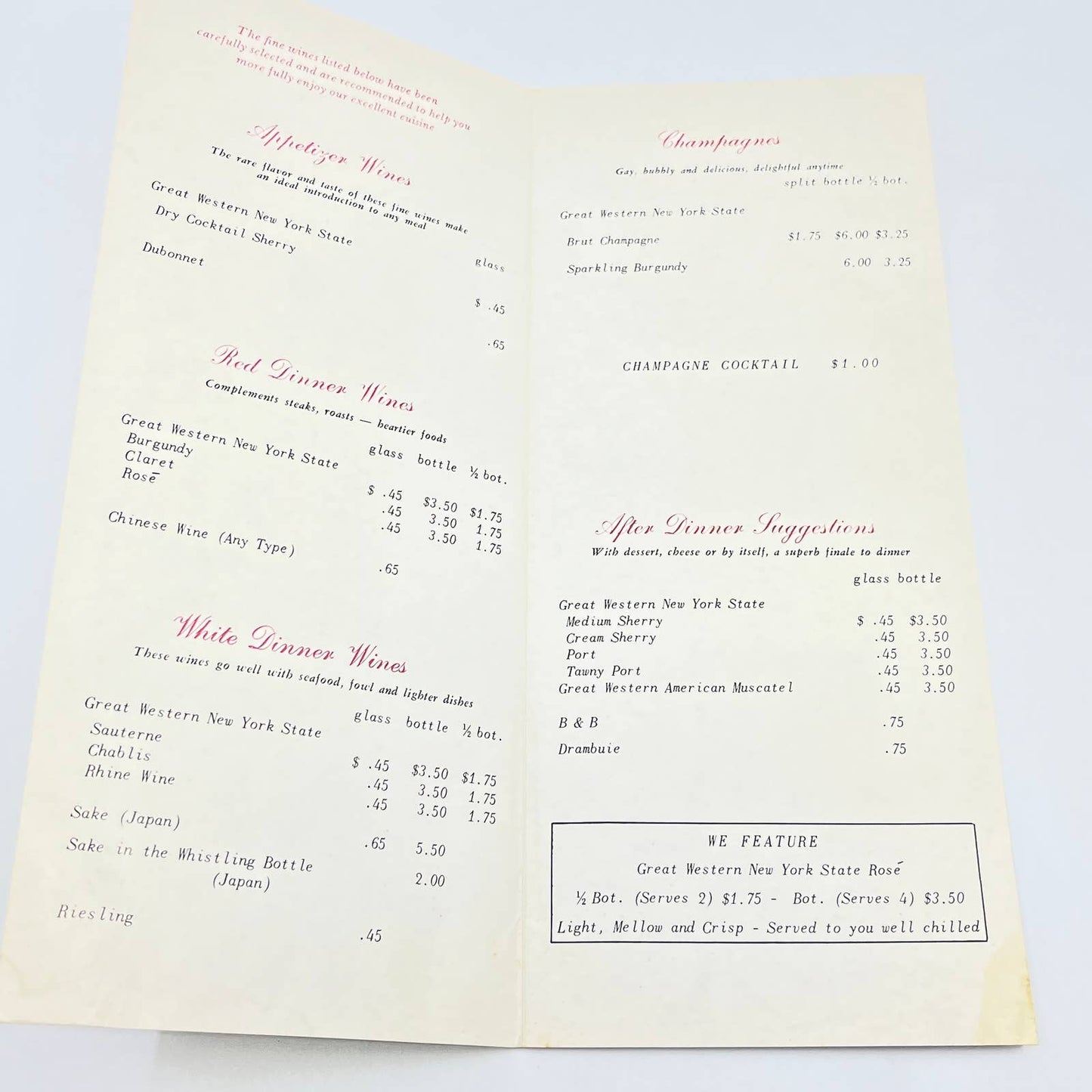 1960s Chins Restaurant Wine List Menu Washington DC FL3
