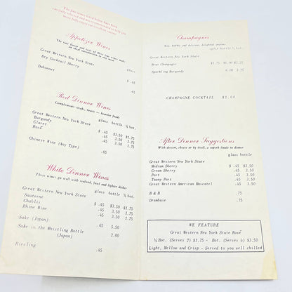 1960s Chins Restaurant Wine List Menu Washington DC FL3