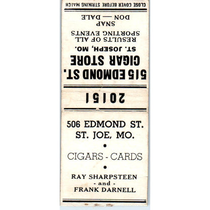 Cigar Store Ray Sharpsteen Frank Darnell St. Joe MO Advertising Matchbook SA9-M2