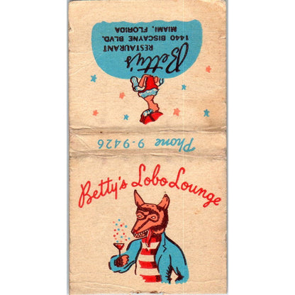 Betty's Lobo Lounge Miami Florida Advertising Matchbook Cover SA9-M5