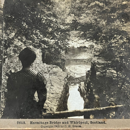 Hermitage Bridge & Whirlpool Scotland 1900 C.H. Graves Stereoview Card TJ9-V1