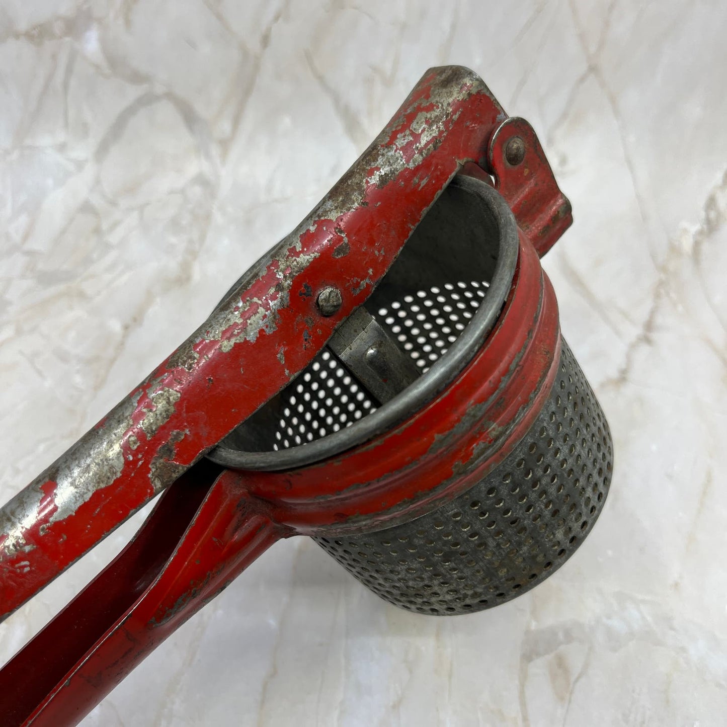Vintage Kitchen - Red Enamel Potato Rice Ricer Masher - 1950's TC9