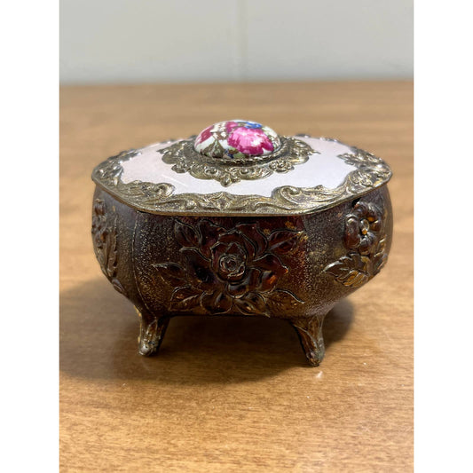 Vtg Art Nouveau Saccharine Victorian Trinket Box White Enamel Brass Japan 3” TG8