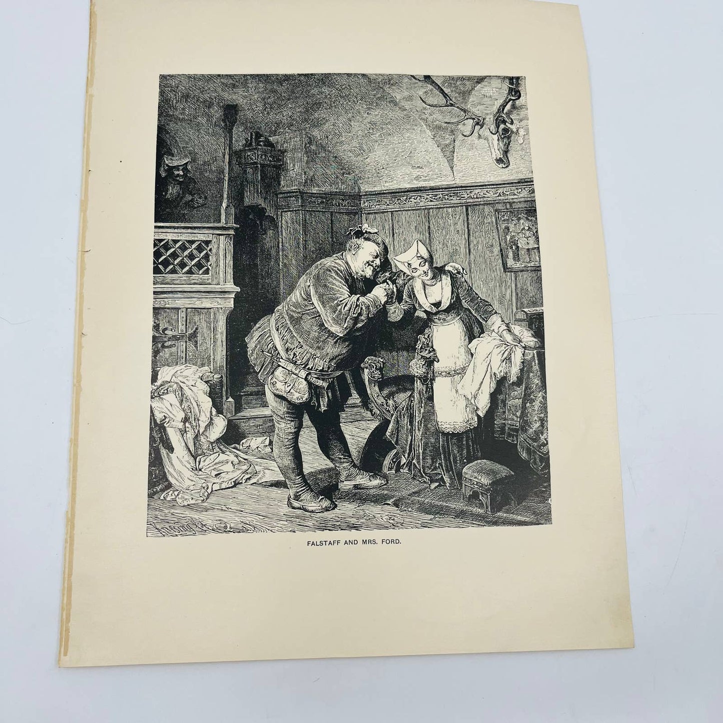 1880s Victorian Art Print Engraving Shakespeare FALSTAFF AND MRS. FORD