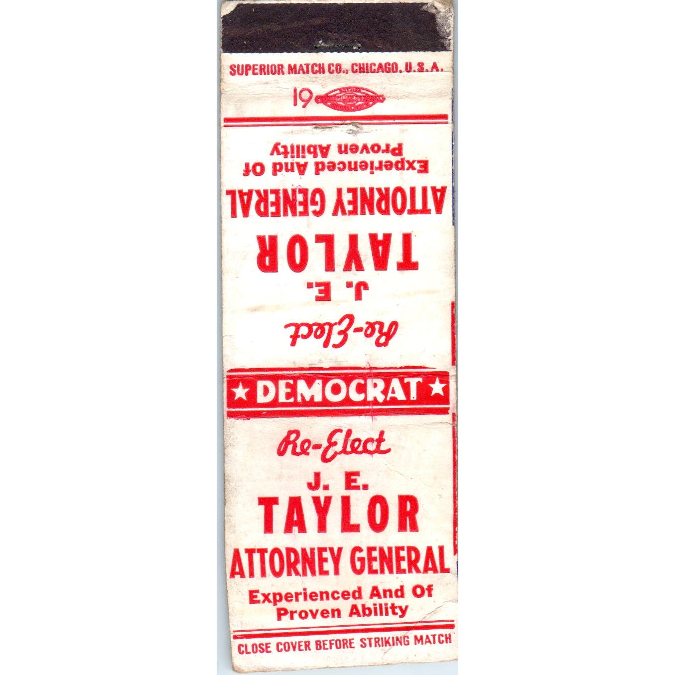 Re-Elect Democrat J.E. Taylor Attorney General Political Matchbook Cover SA9-M10