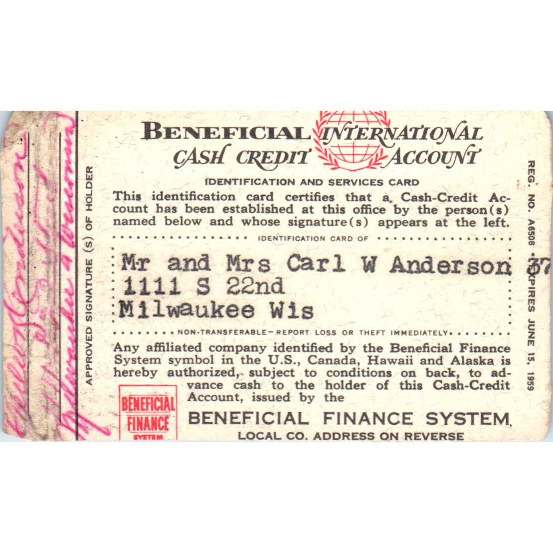 1958 Beneficial Finance System Cash Credit Account Card Milwaukee Obsolete SE5