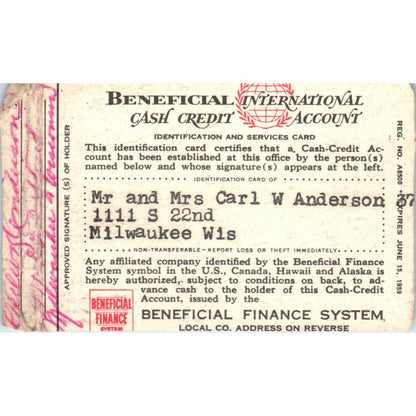 1958 Beneficial Finance System Cash Credit Account Card Milwaukee Obsolete SE5