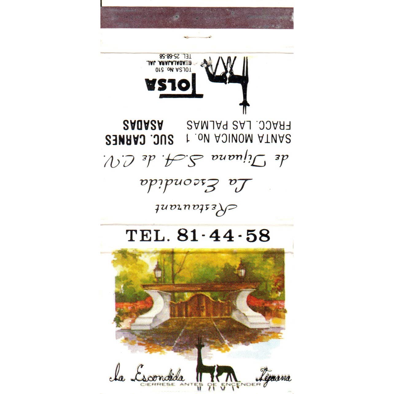 Restaurant La Escondida Santa Monica CA Advertising Matchbook Cover SA1-M11