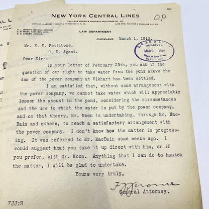 1912 The New York Central Lines Railroad RR Law Department Memo Lot of 2 AB1