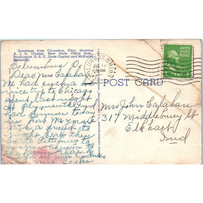 Vintage Postcard AIU Citadel, OSU Stadium McKinley Memorial Columbus Ohio TD9