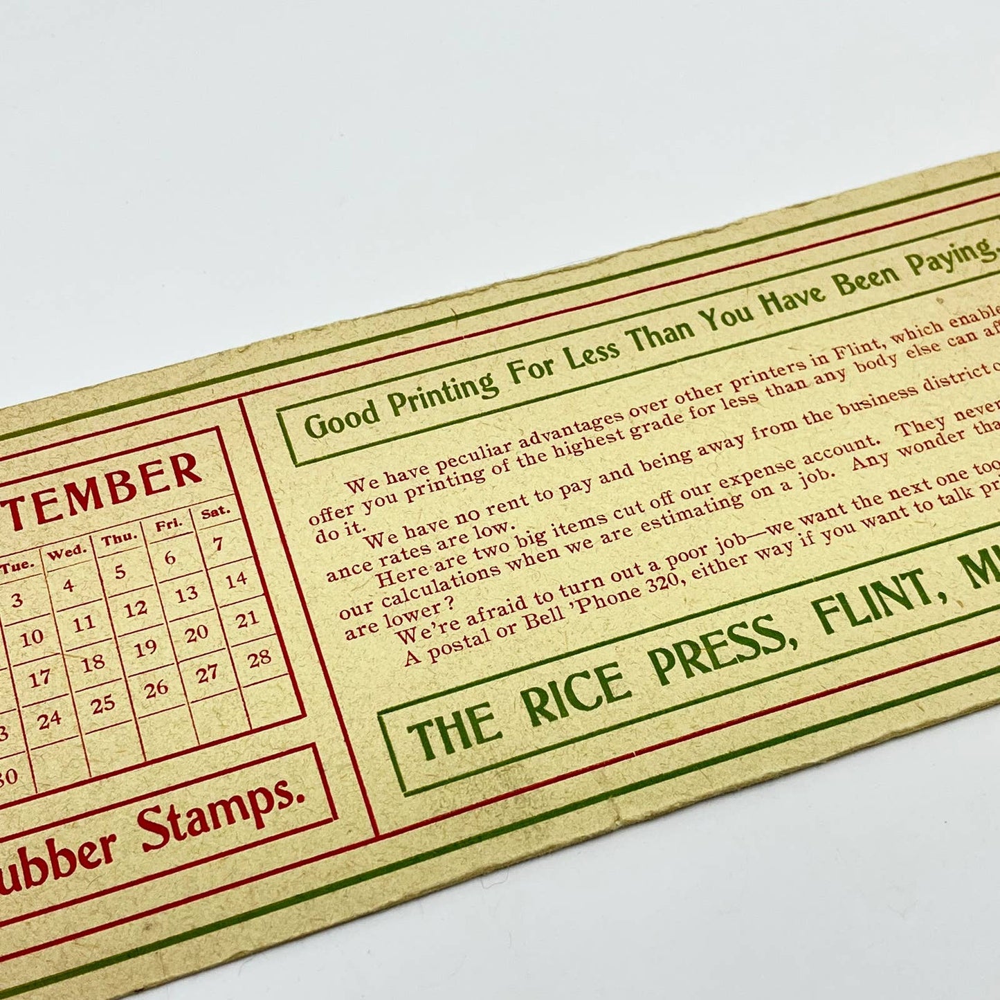 1910s Blotter Card The Rice Press Rubber Stamps Sept Calendar Flint MI SC8