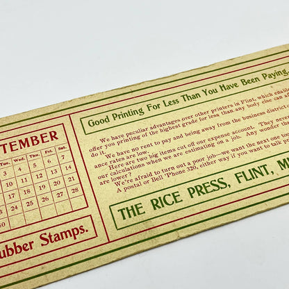 1910s Blotter Card The Rice Press Rubber Stamps Sept Calendar Flint MI SC8