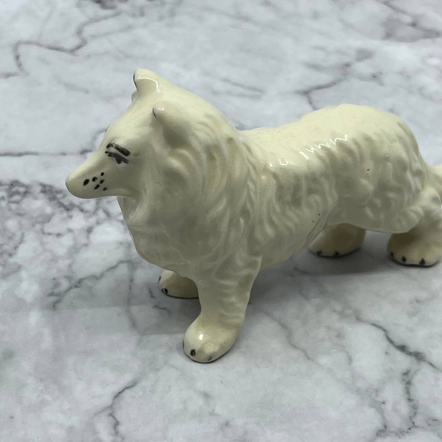 Vintage MCM Hand Painted White Collie Dog Bone China Figurine 4” SE1