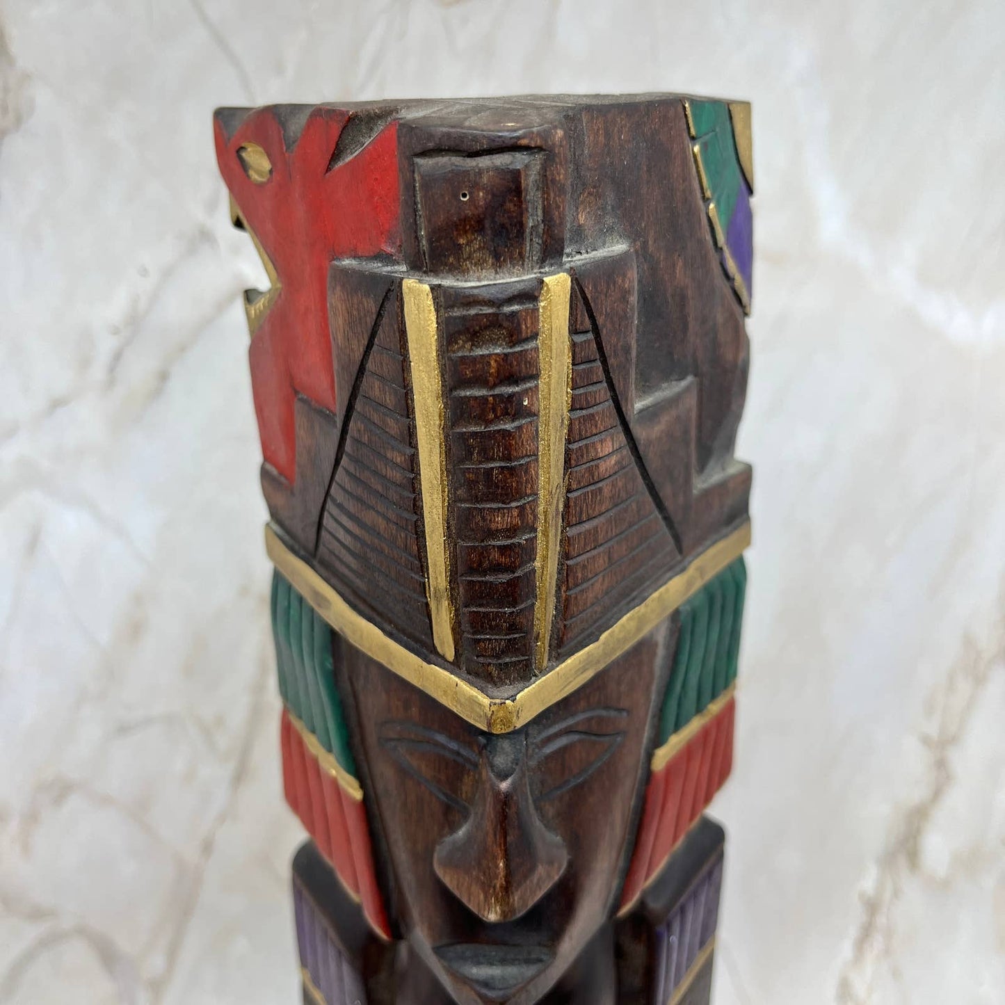 Hand Carved Hand Painted Wooden Aztec Mayan Totem Pole Sculpture 14” TI7