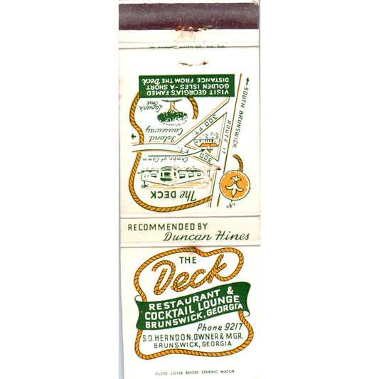 The Deck Restaurant Brunswick Georgia Advertising Matchbook Cover MM9-8