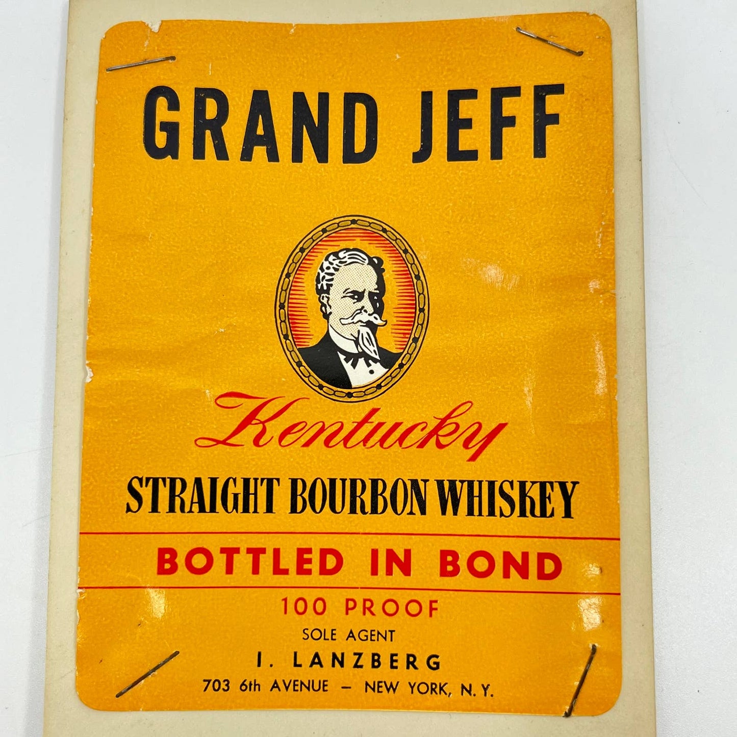 Grand Jeff Bourbon Whiskey Label I.  Lanzberg 703 6th Avenue New York NY