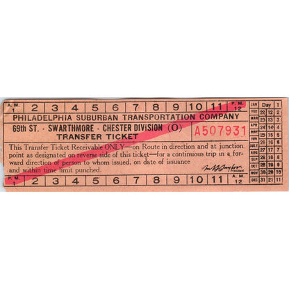 VTG Philadelphia Suburban Transport Streetcar Transfer Ticket Swarthmore AK3-6