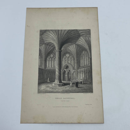 1836 Original Art Engraving Wells Cathedral View of the Chapter House AC6