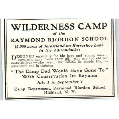 Raymond Riordon School Wilderness Camp Horseshoe Lake Highland NY 1921 Ad TJ7-S8