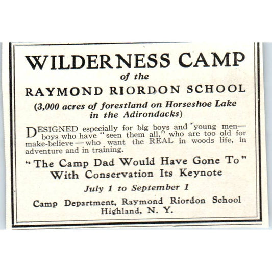 Raymond Riordon School Wilderness Camp Horseshoe Lake Highland NY 1921 Ad TJ7-S8
