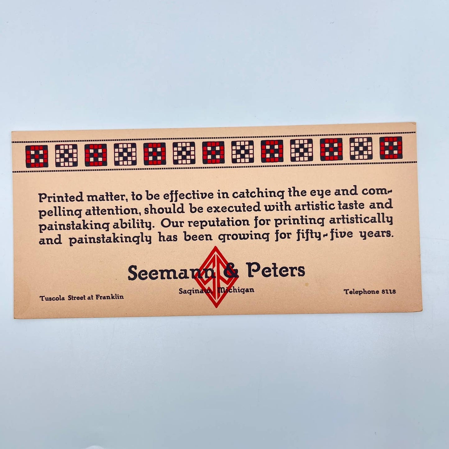 1930s Blotter Card Seemann & Peters Printers Tuscola Street Saginaw MI SC8