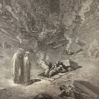 Original 1880s Gustave Dore Engraving Divine Comedy arch-heretics are here FL4