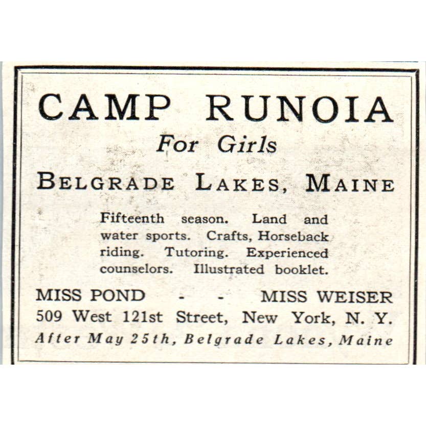 Camp Runoia Belgrade Lakes Maine Miss Pond Miss Weiser - 1921 Original Ad TJ7-S8