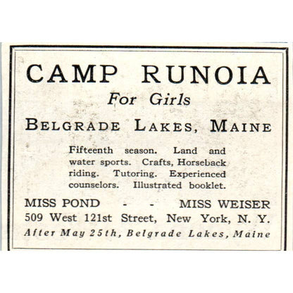 Camp Runoia Belgrade Lakes Maine Miss Pond Miss Weiser - 1921 Original Ad TJ7-S8