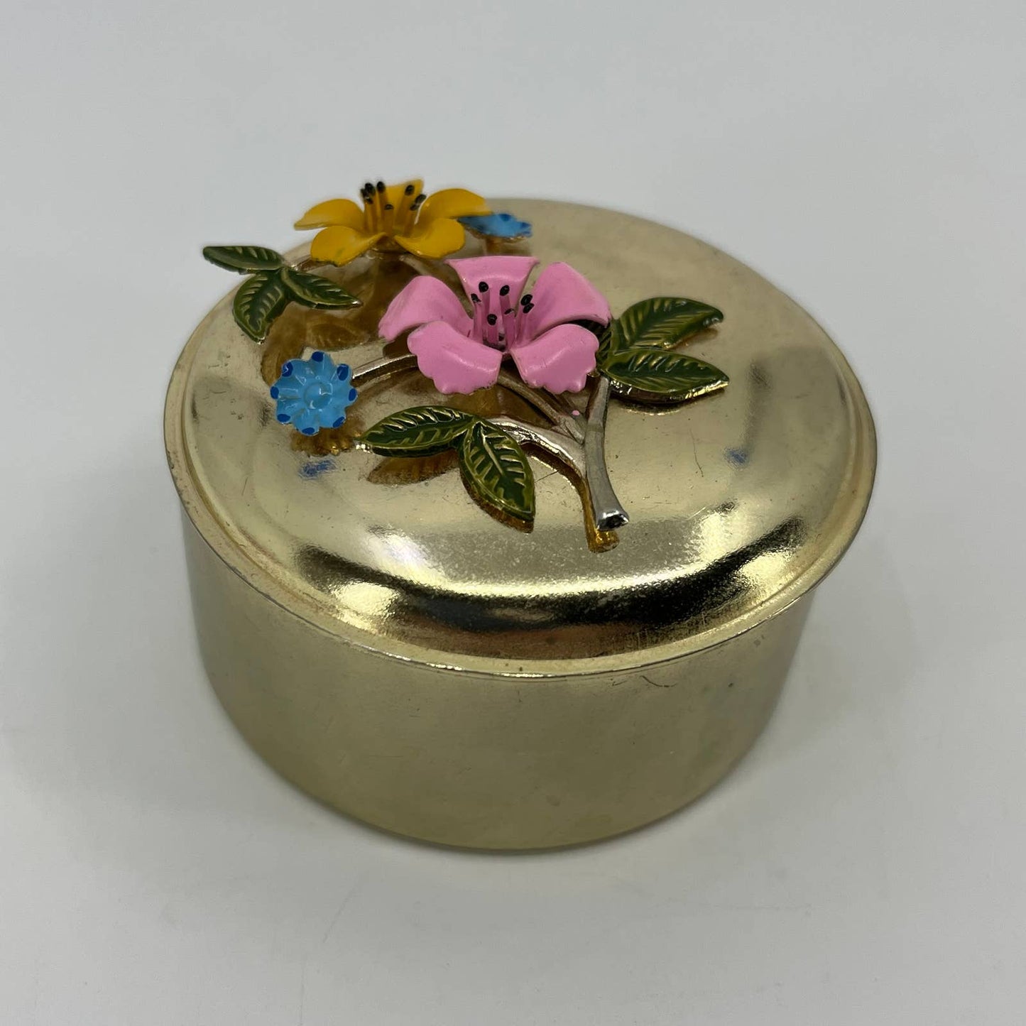 Vintage Brass Tone Enamel Flower Trinket Box Made in Korea 2.5” SC4