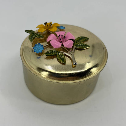 Vintage Brass Tone Enamel Flower Trinket Box Made in Korea 2.5” SC4