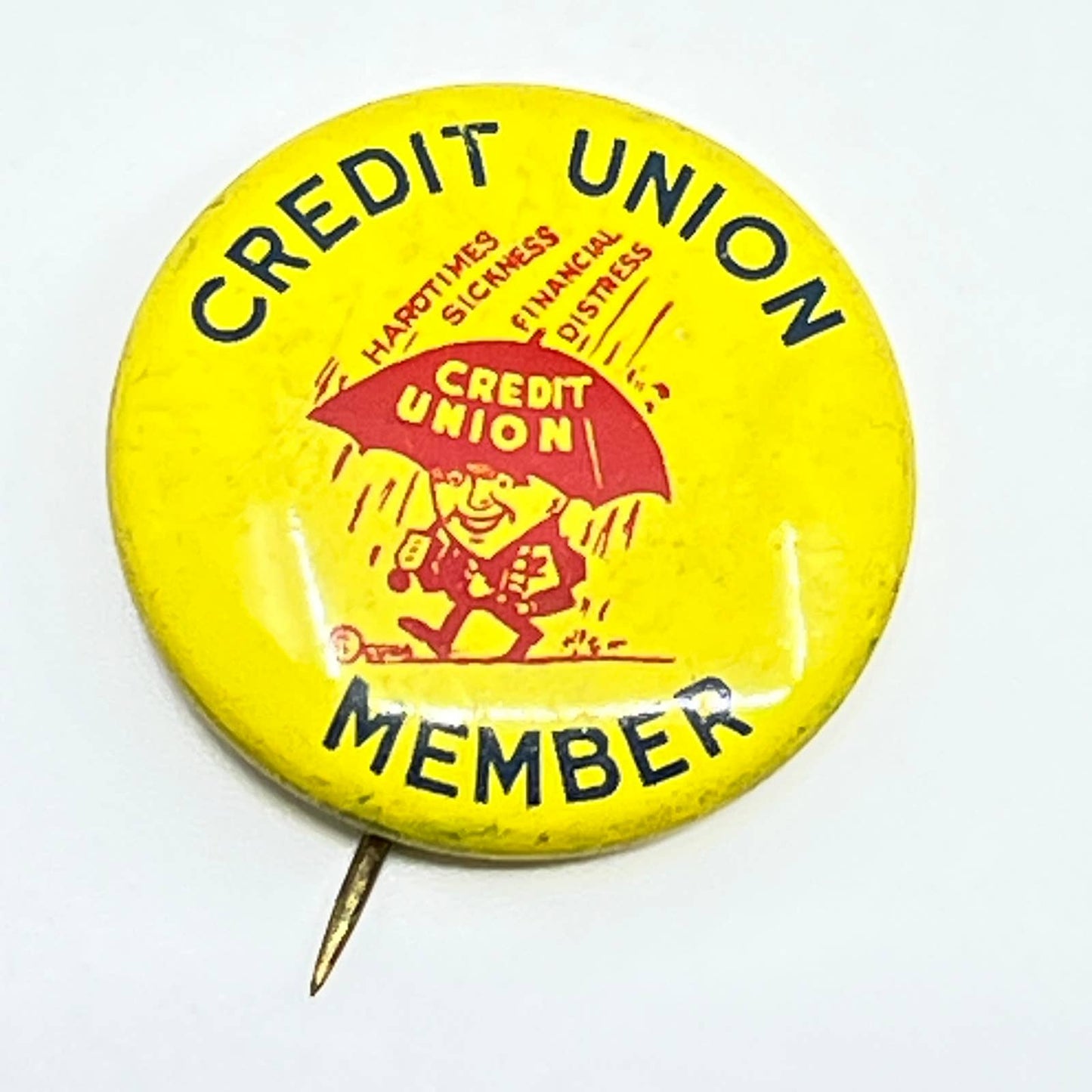 Vintage Credit Union Member Umbrella Man Celluloid Pinback Button SD9