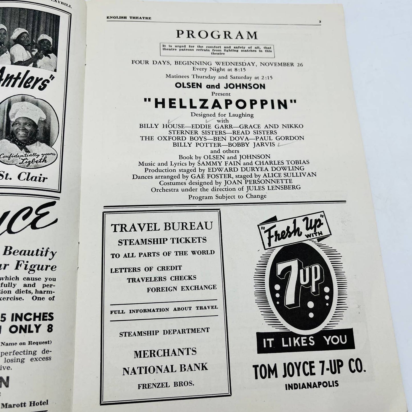 1941 English Theatre Playbill HELLZAPOPPIN Evansville Indianapolis C1