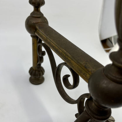 Antique 19th Century Victorian Brass Fire Dogs Andirons Reeded Finials Set TC7