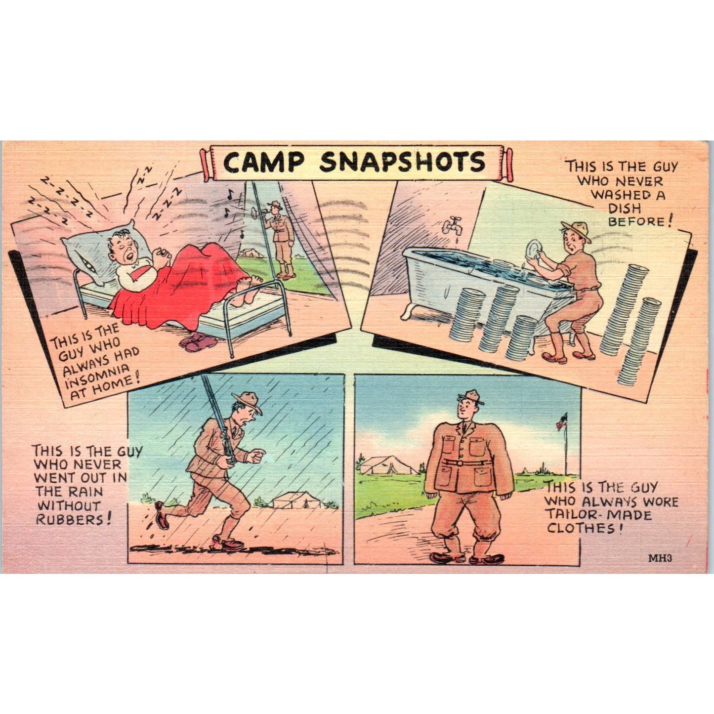 1942 WWII Army Camp Snapshots Humor Cartoon Original Postcard TK1-26-5