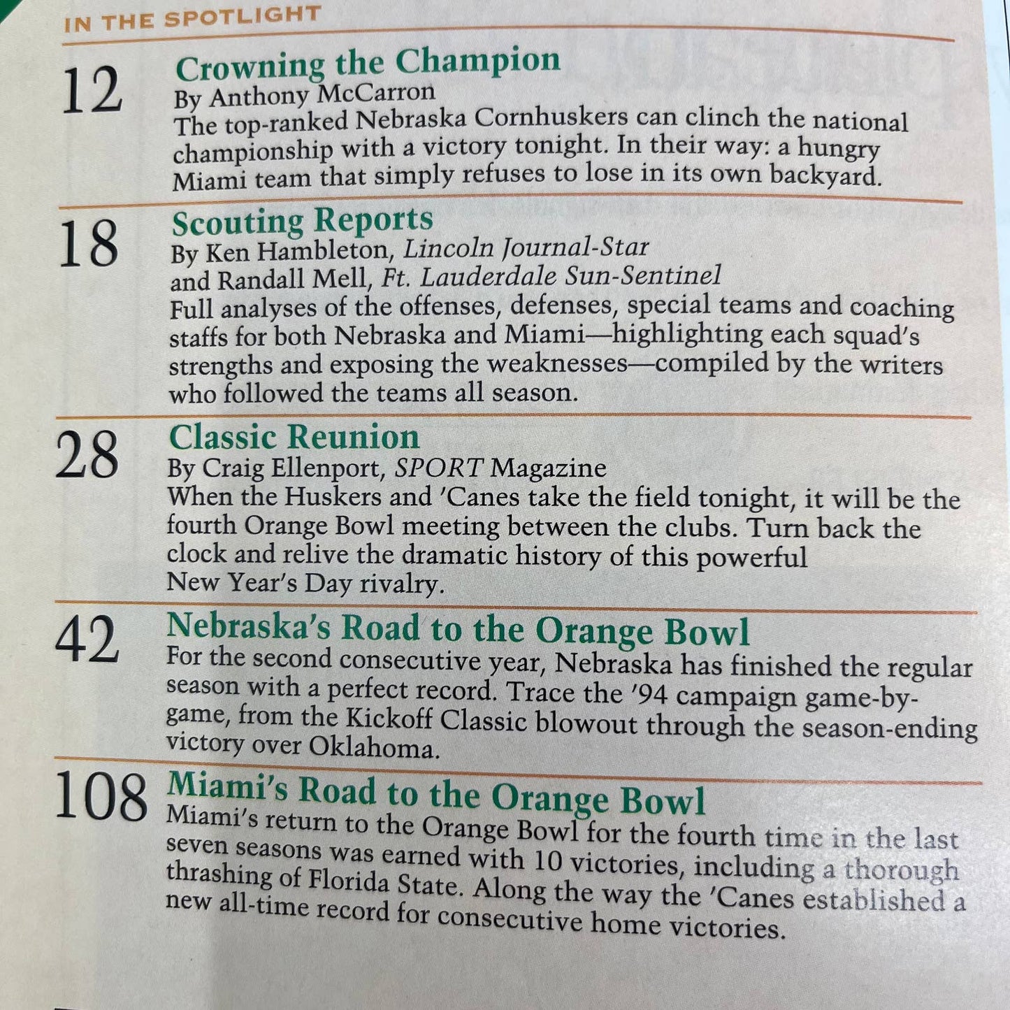 1995 Nebraska Cornhusker football Orange Bowl vs Miami Natl Champion Program TH6