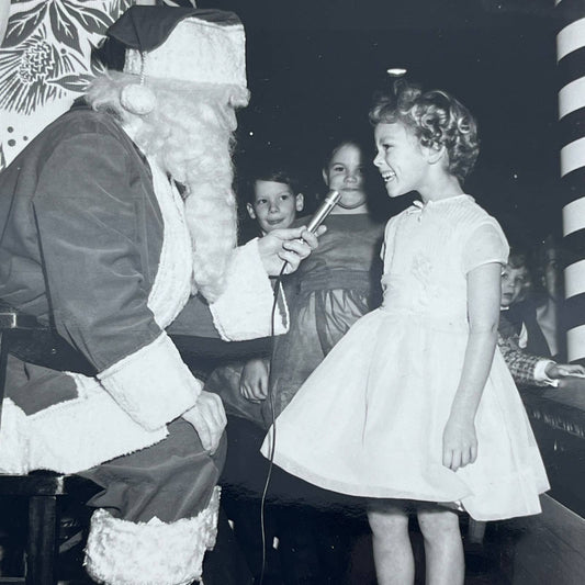 1950s Christmas Party Photograph Young Girl Meets Santa 5x7" AB7