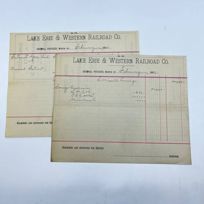 1892 Lake Erie & Western Railroad Co. Journal Voucher RR Lot of 2 AB1-4