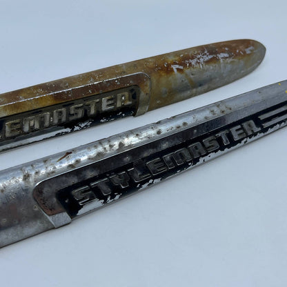 Original 1947 1948 Chevrolet Stylemaster Chrome Hood Side Emblem GM SET OF 2 TF6