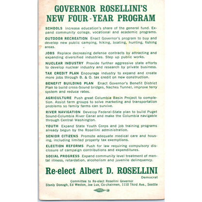 Vtg Political Card - Re-Elect Albert D. Rosellini For Governor of Washington PV1