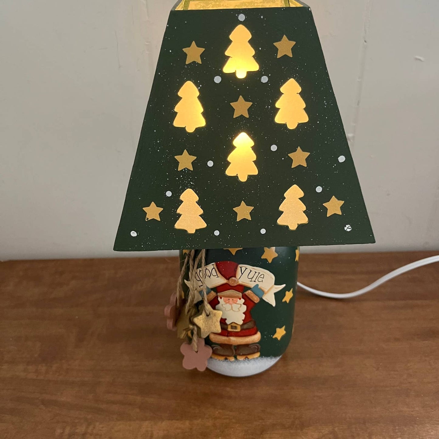 Vintage Christmas Mason Jar Table Lamp Santa Claus Star Wood Shade WORKS 10" TA4