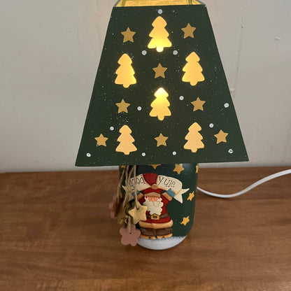 Vintage Christmas Mason Jar Table Lamp Santa Claus Star Wood Shade WORKS 10" TA4