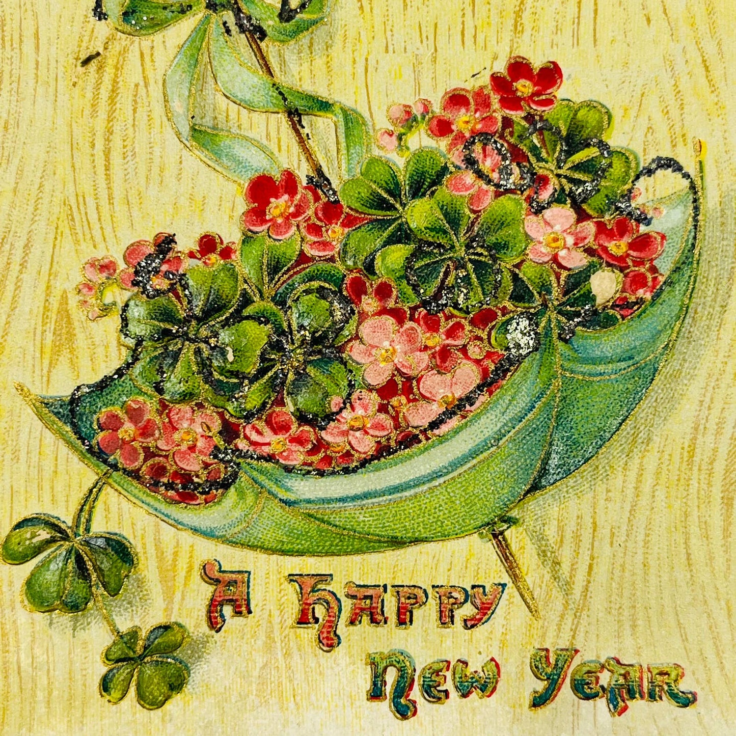 1910s Christmas New Year’s Post Card Embossed Dresden Gilt Clover Mica Holly PA3